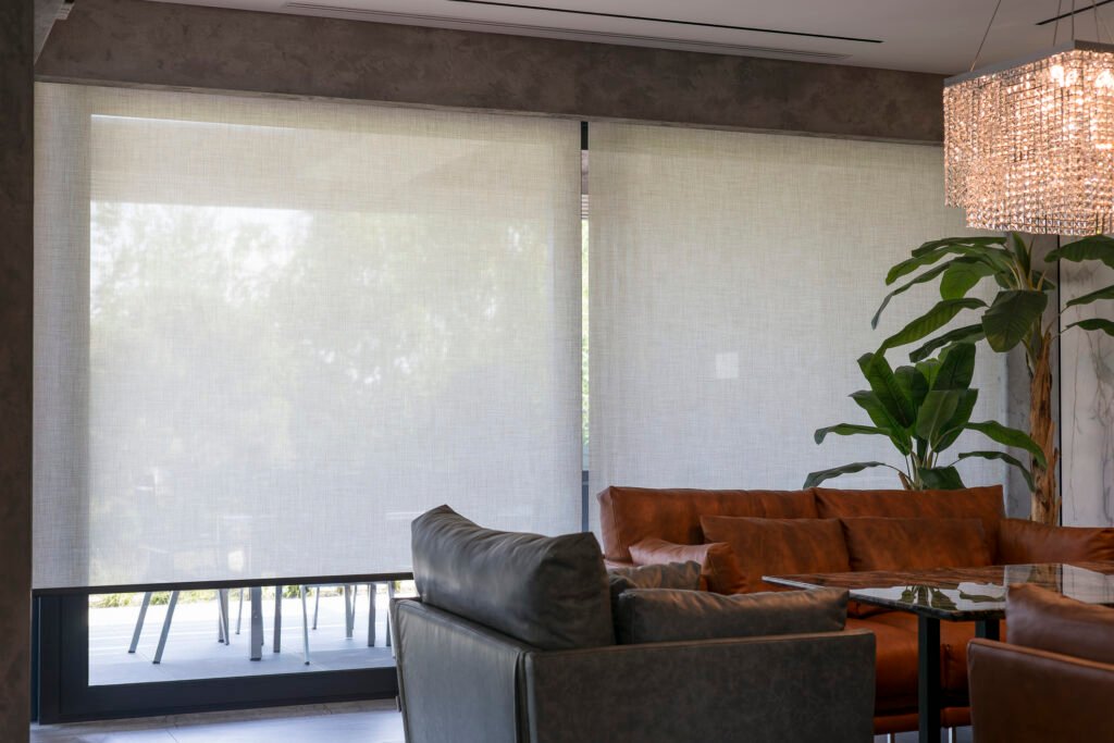 Roller blinds in the interior.