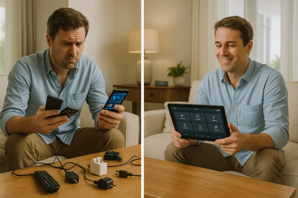 Comparison of DIY chaotic smart home setup vs seamless professional control system.