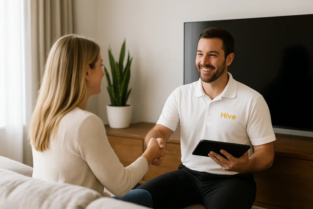 Hive technician meeting with a homeowner, highlighting secure smart home installation with encrypted storage, access control, and protected networks.