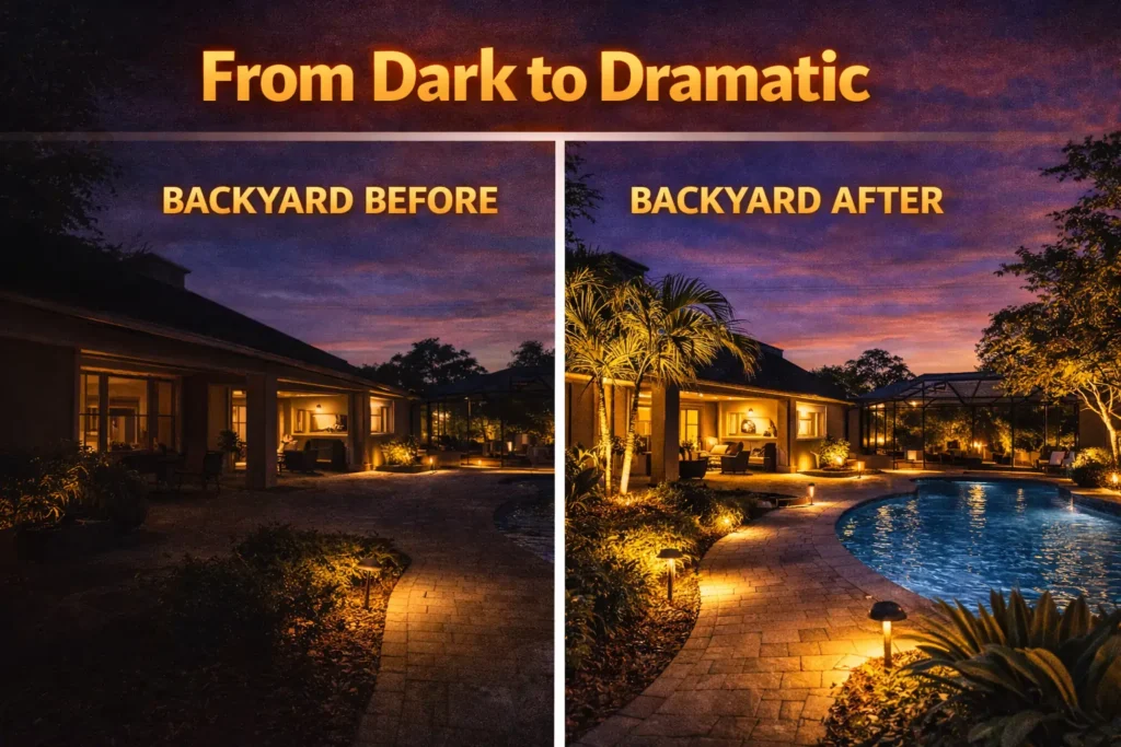 Hive Backyard-lighting-transformation-at-twilight.